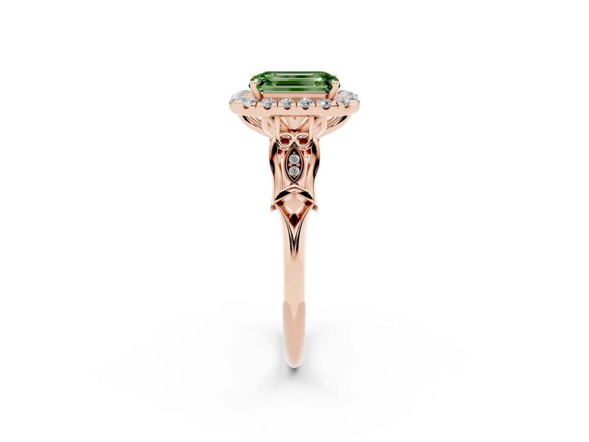 Fancy Green Emerald Cut Halo Diamond Engagement Ring with Filigree Band and Four-Prong Setting Rose gold