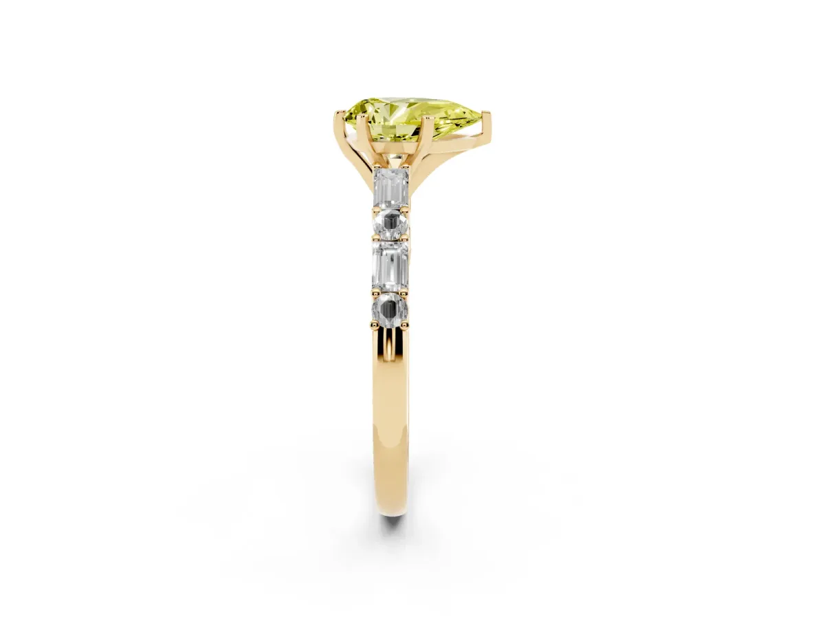 Fancy Yellow Pear Cut Diamond Solitaire with Side Baguettes and Channel Set Band Yellow gold