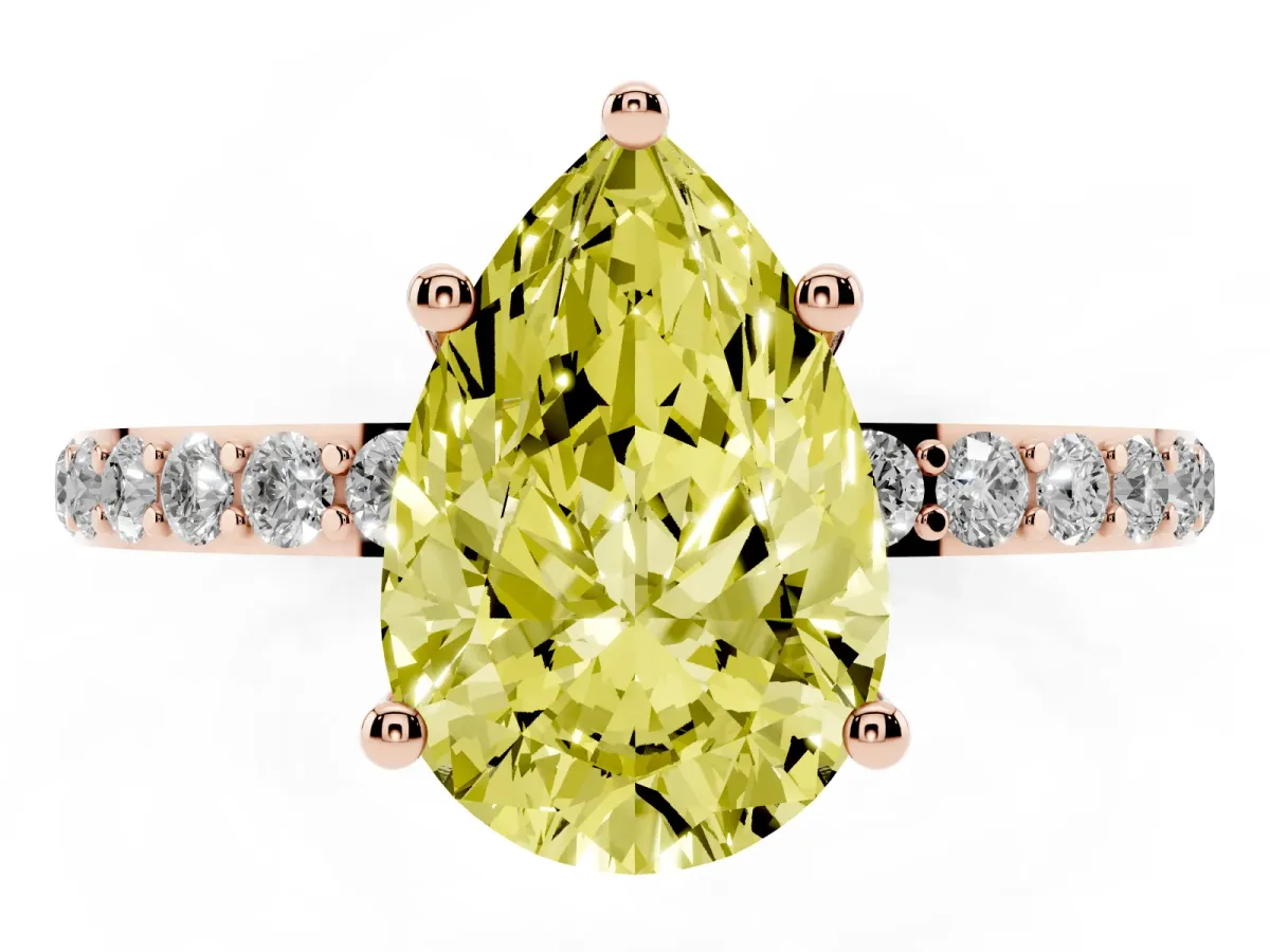 Fancy Yellow Pear Cut Diamond Solitaire Ring with Round Pavé Shoulders and Prong Setting Rose gold