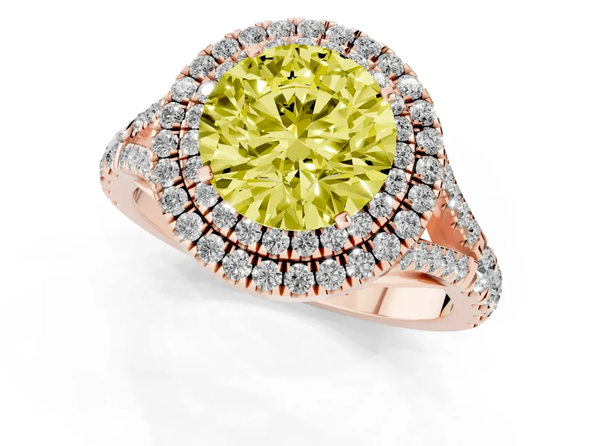 Fancy Yellow Round Cut Diamond Pavé Split Shank Double Halo Engagement Ring Rose gold