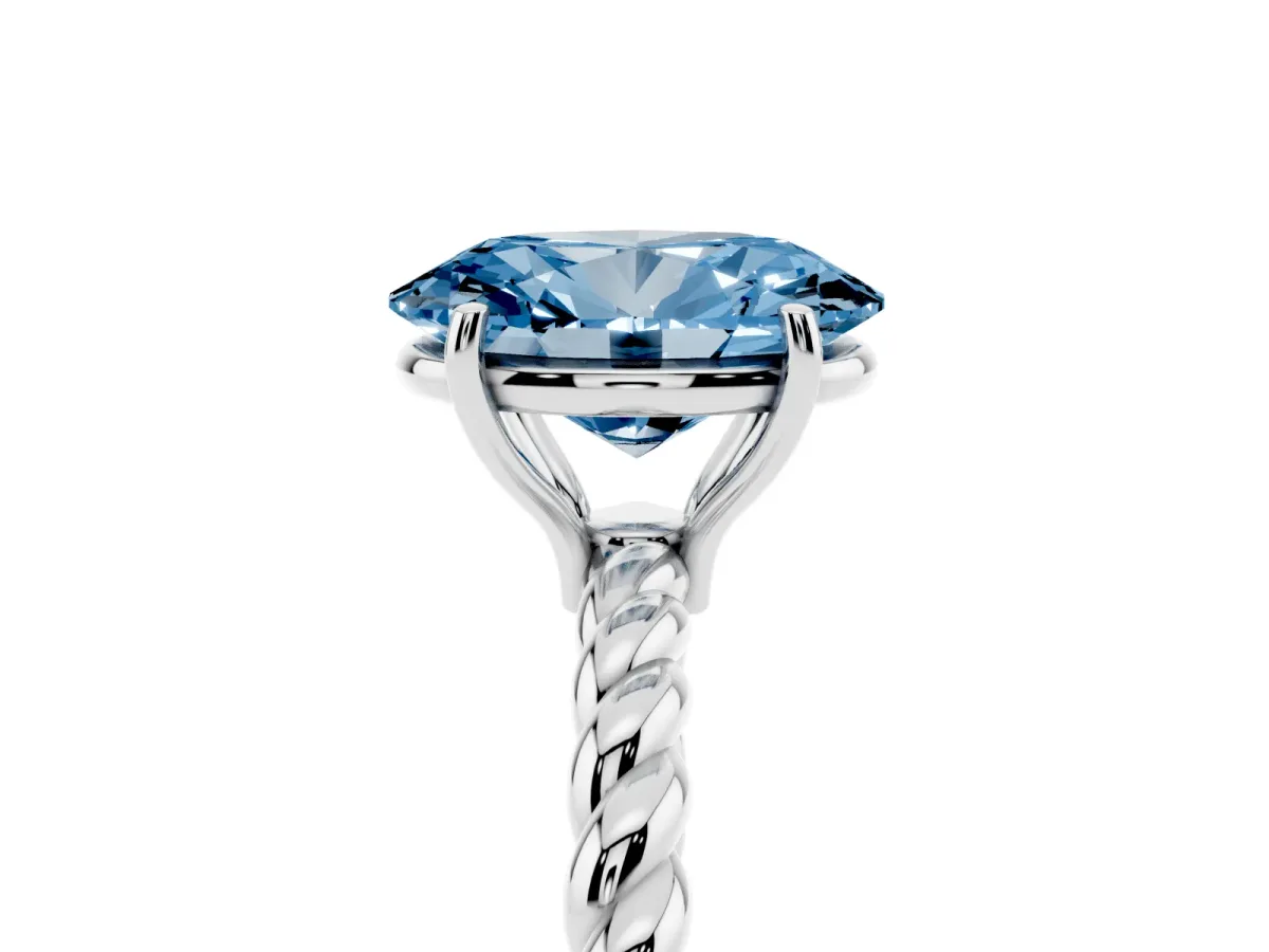Fancy Blue Oval Cut Solitaire Twist Band Ring with Four-Prong Setting White gold