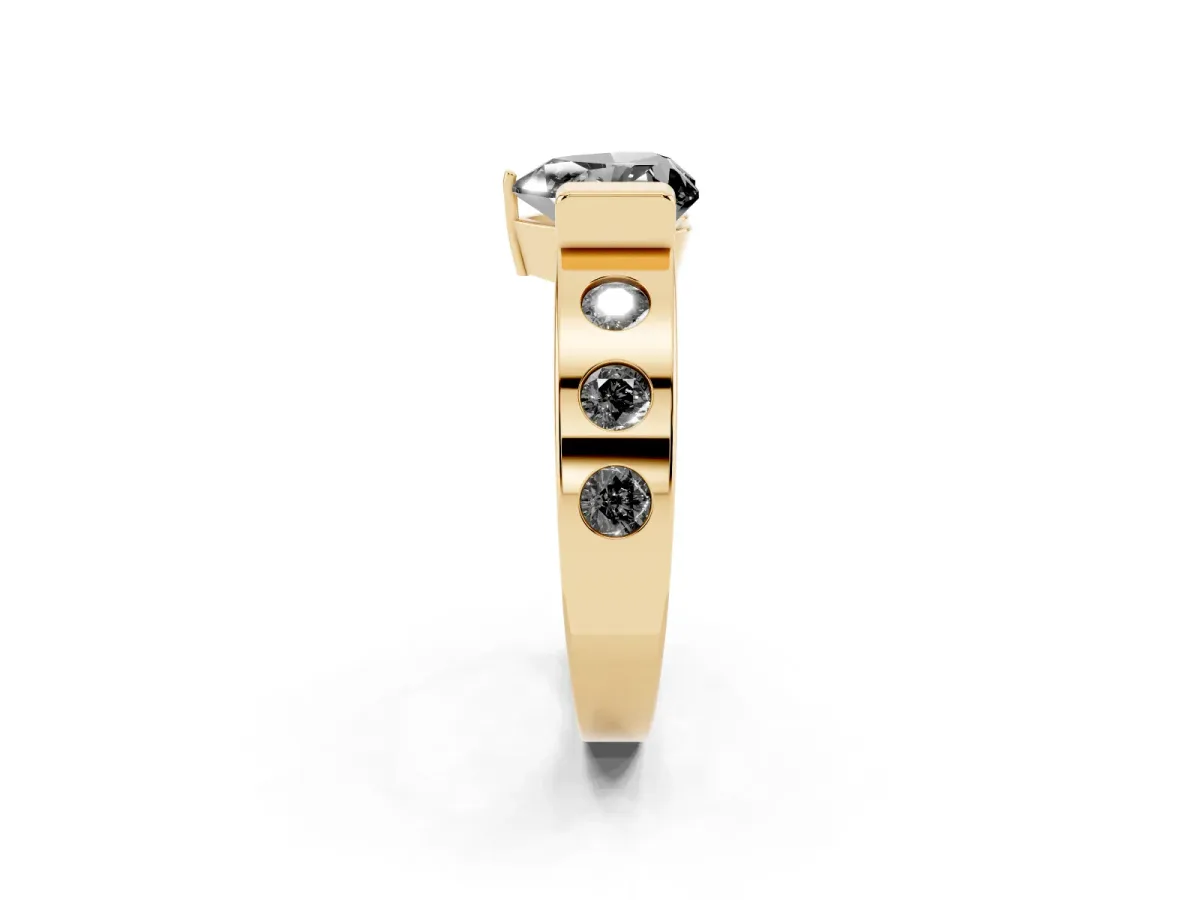 Fancy Black Heart Cut Brilliant Channel-Set Diamond Ring with Bezel Prong Setting Yellow gold