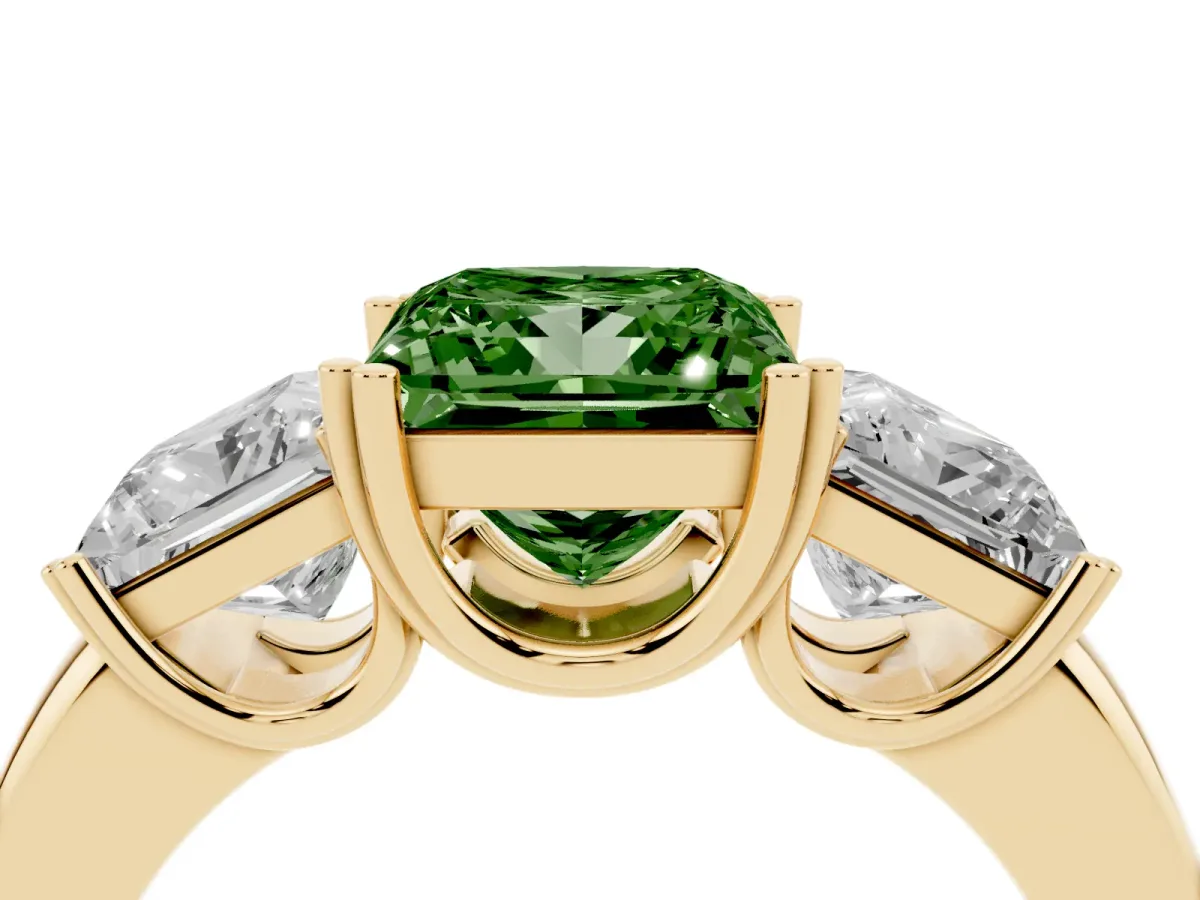 Fancy Green Three-Stone Princess Cut Cut Diamond Ring with Channel Set Band and Four-Prong Setting Yellow gold