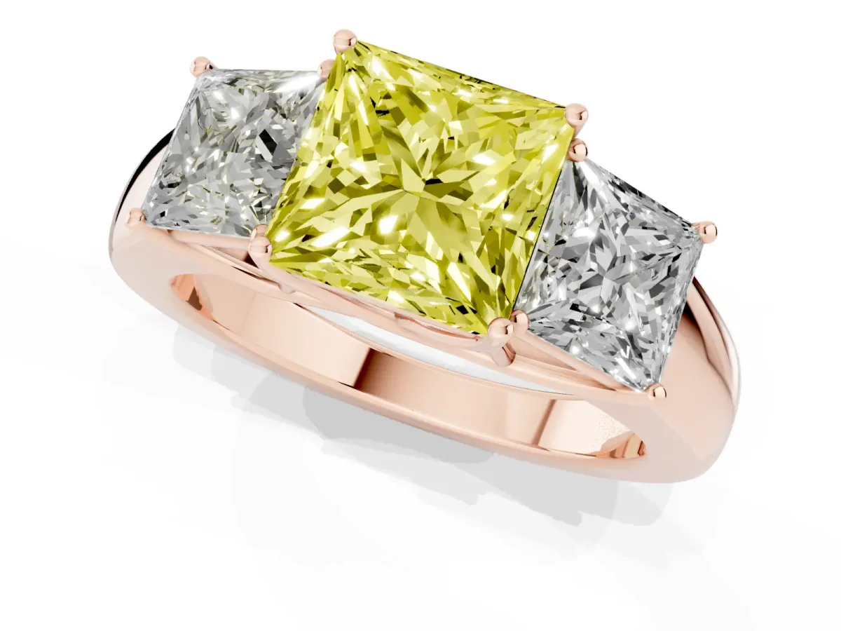 Fancy Yellow Three-Stone Princess Cut Cut Diamond Ring with Prong Setting and Classic Band Rose gold