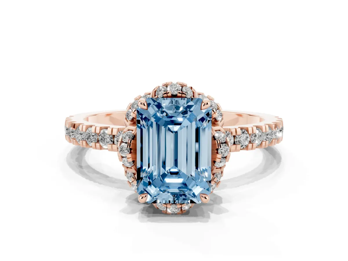 Fancy Blue Emerald Cut Halo Diamond Pave Band Ring with Four-Prong Setting Rose gold