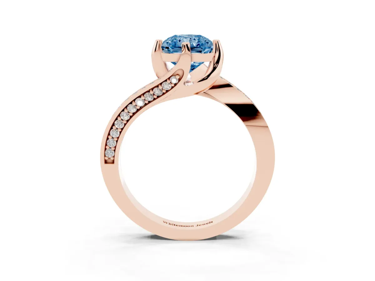 Fancy Blue Radiant Cut Solitaire Diamond Twist Band with Pavé Setting and Four-Prong Setting Rose gold