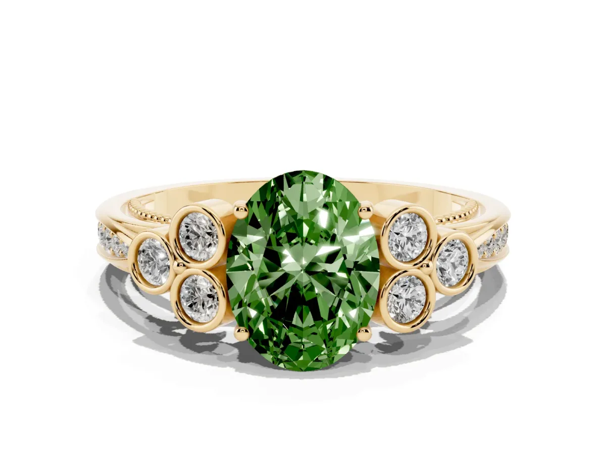 Fancy Green Oval Cut Cut Diamond Engagement Ring with Bezel Set Round Side Stones and Prong Setting Yellow gold