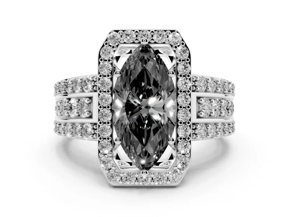 Fancy Black Marquise Cut Halo Diamond Ring with Round Split Shank and Prong Setting Platinum