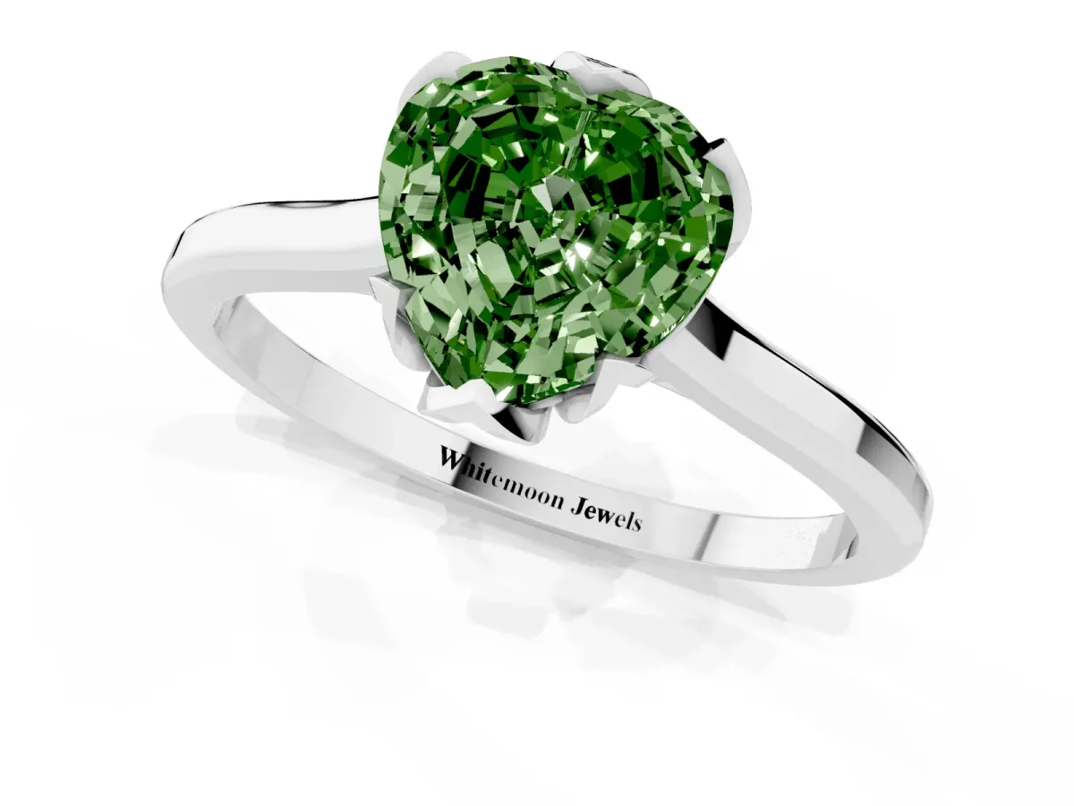 Fancy Green Heart Cut Diamond Solitaire Ring with Flower Prong Setting and Classic Band Platinum