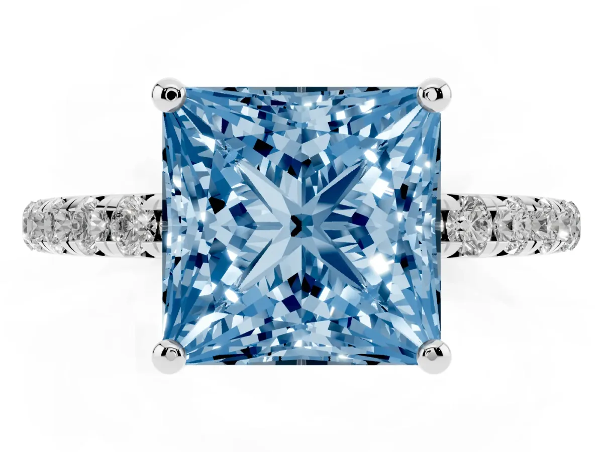 Fancy Blue Princess Cut Cut Diamond Solitaire Ring with Micro Pave Band and Four Prong Setting Silver