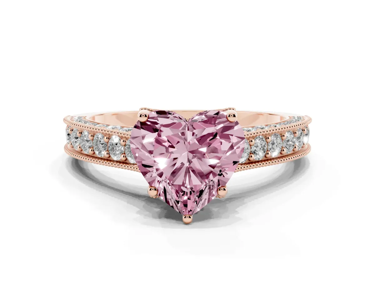 Fancy Pink Heart Cut Cut Diamond Solitaire Ring with Milgrain Pave Band and Four Prong Setting Rose gold