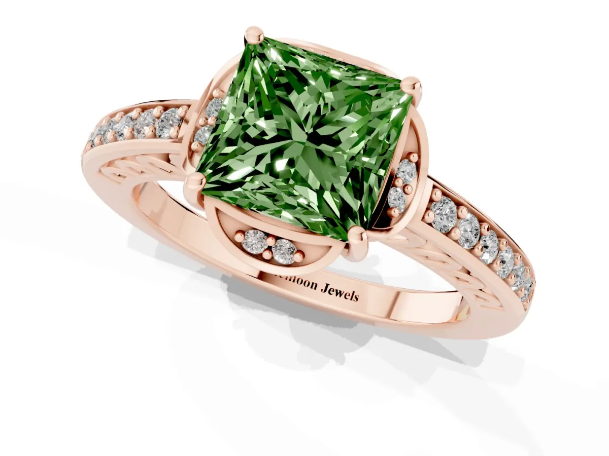 Fancy Green Princess Cut Cut Halo Diamond Ring with Channel Set Band and Four-Prong Setting Rose gold