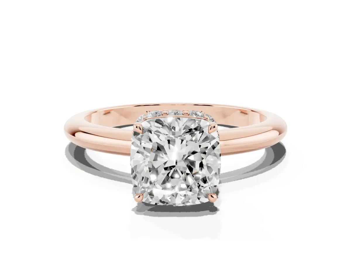Cushion Cut Brilliant Solitaire Engagement Ring with Six-Prong Setting and Classic Band Rose gold