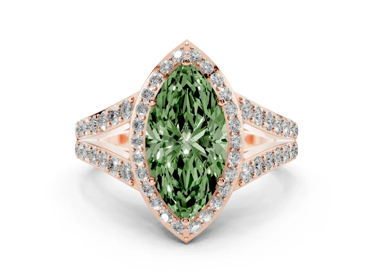 Fancy Green Marquise Cut Diamond Split Shank Halo Ring with Four-Prong Setting Rose gold