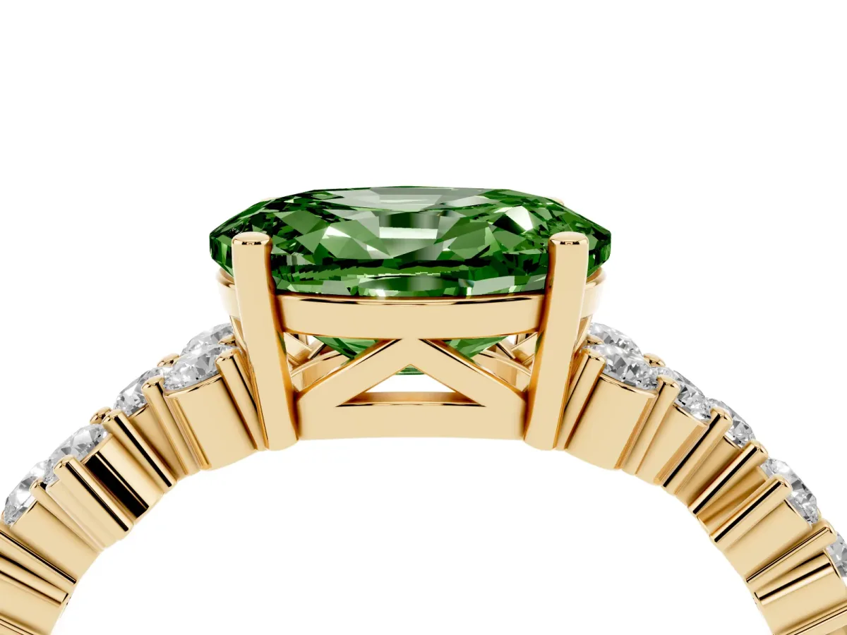 Fancy Green Oval Cut Diamond Scattered Round Accent Ring with Prong Setting Yellow gold