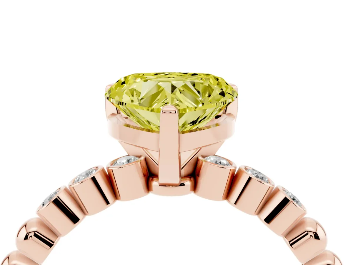 Fancy Yellow Heart Cut Solitaire Bezel Accent Diamond Engagement Ring with Beaded Band and Four-Prong Setting Rose gold