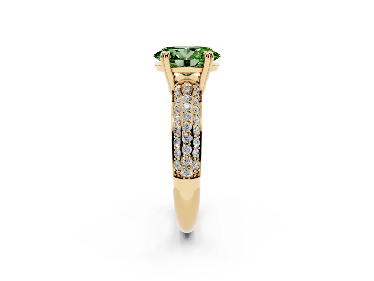 Fancy Green Oval Cut Diamond Solitaire Ring with Multi-Row Round Pavé Band and Prong Setting Yellow gold