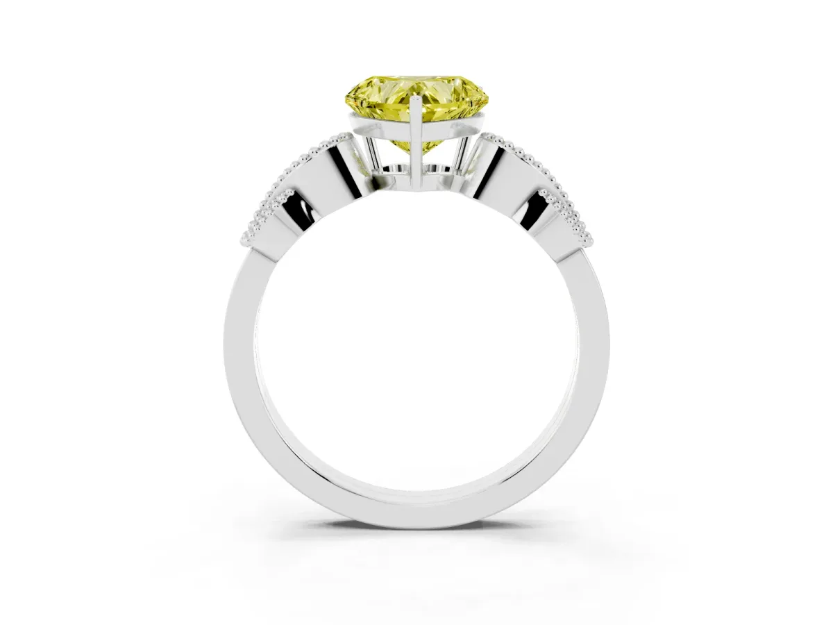 Fancy Yellow Heart Cut Solitaire Milgrain Leaf Band with Prong Setting White gold