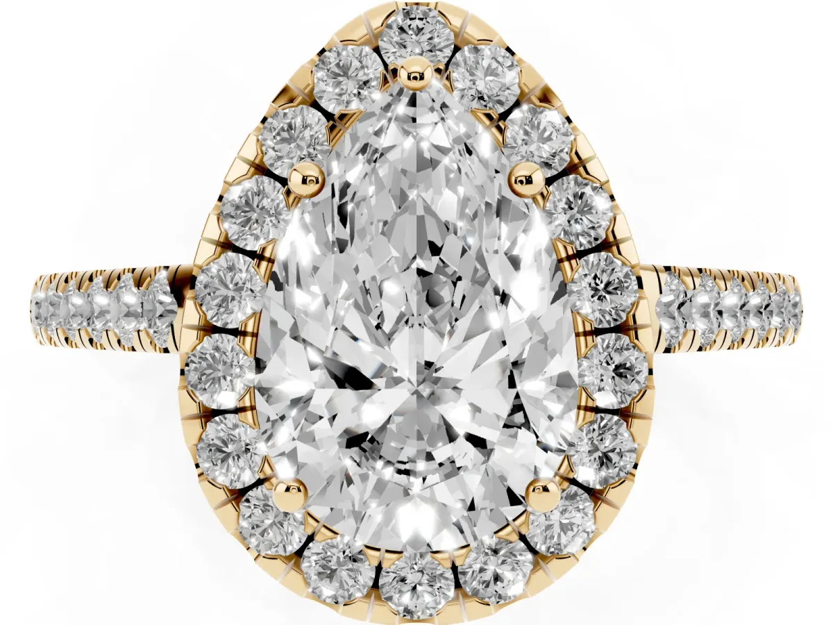 Pear Cut Halo Pave Diamond Engagement Ring with Four-Prong Setting Yellow gold
