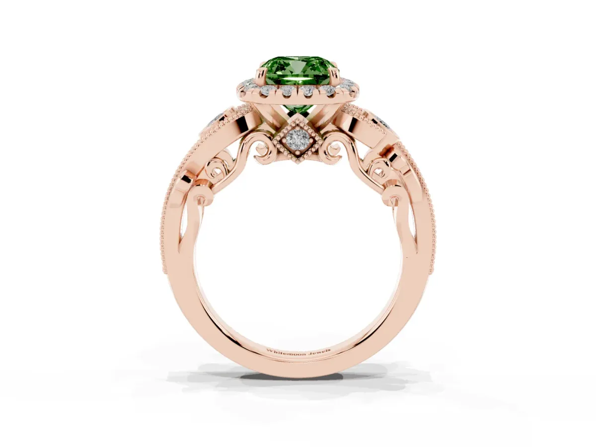 Fancy Green Cushion Cut Halo Diamond Ring with Milgrain and Bezel Accents on a Split Shank Band Rose gold