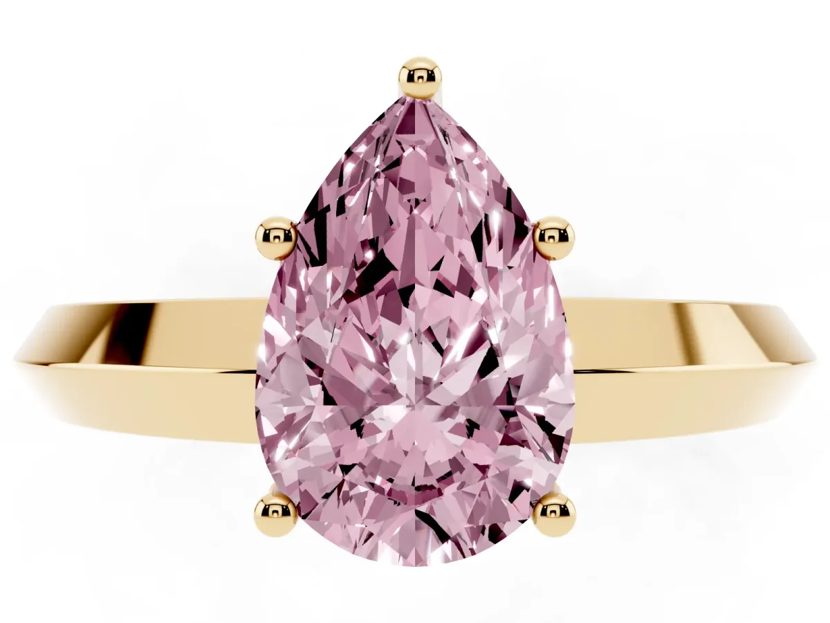 Fancy Pink Pear Cut Cut Solitaire Engagement Ring with Flat Band and Four-Prong Setting Yellow gold