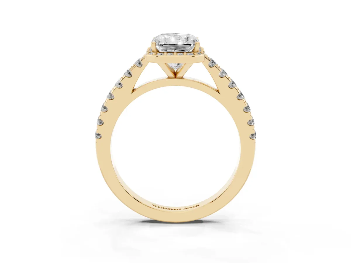 Radiant Cut Cut Halo Diamond Engagement Ring with Pave Band and Four-Prong Setting Yellow gold