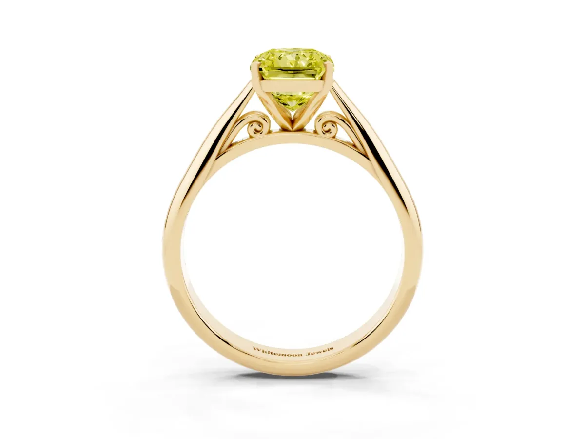Fancy Yellow Radiant Cut Diamond Solitaire Engagement Ring with Cathedral Setting and Four-Prong Mount Yellow gold