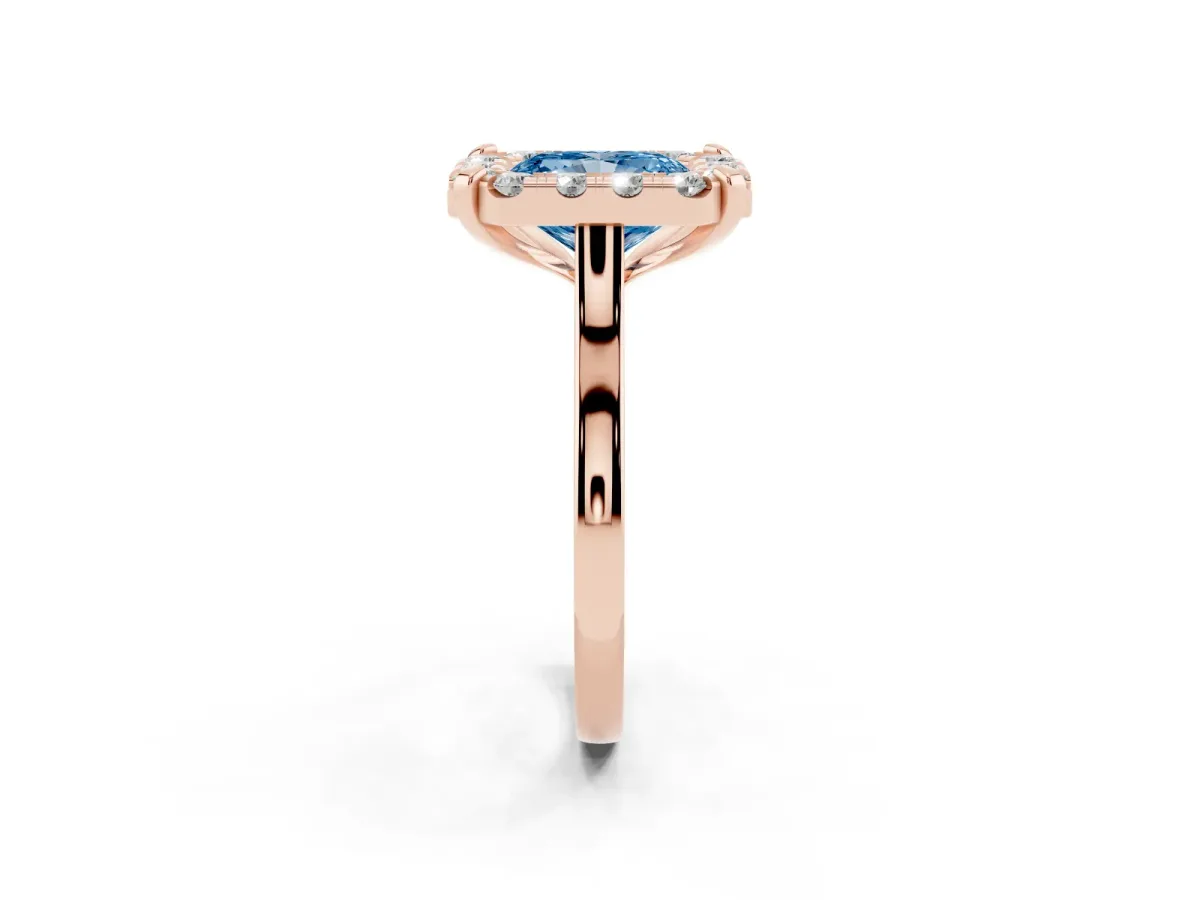 Fancy Blue Radiant Cut Diamond Cluster Halo Solitaire with Four-Prong Setting Rose gold