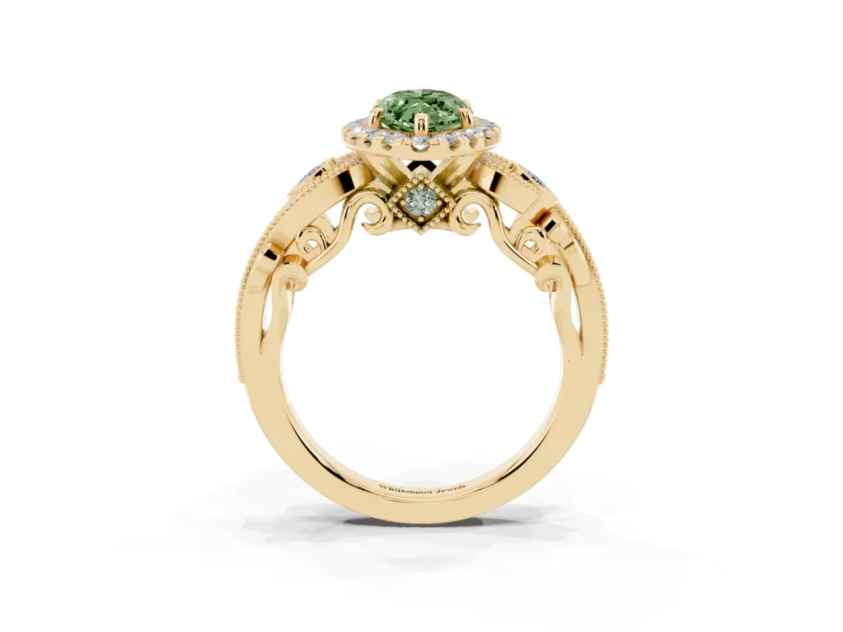 Fancy Green Marquise Cut Halo Diamond Ring with Milgrain and Bezel Accents on a Split Shank Band Yellow gold