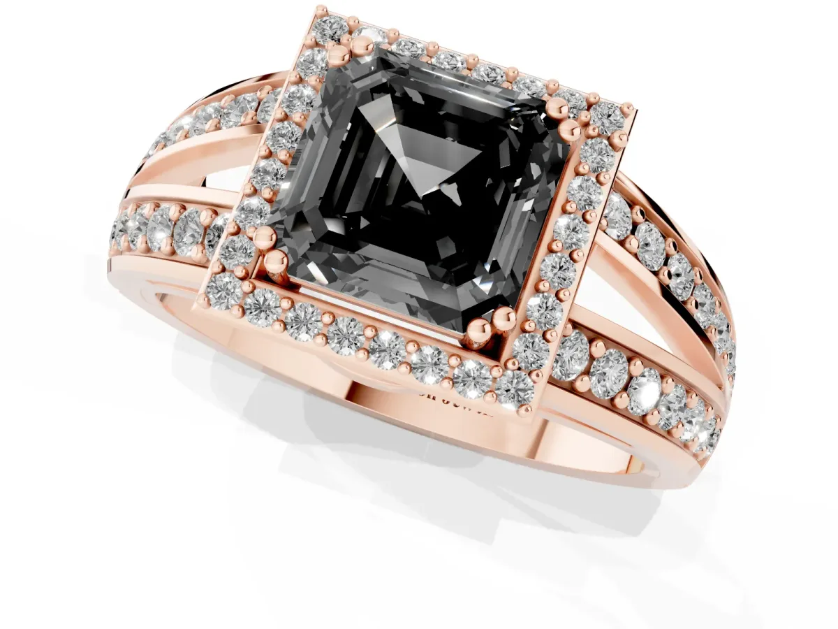 Fancy Black Asscher Cut Diamond Halo Ring with Split Shank Pavé Band and Four-Prong Setting Rose gold