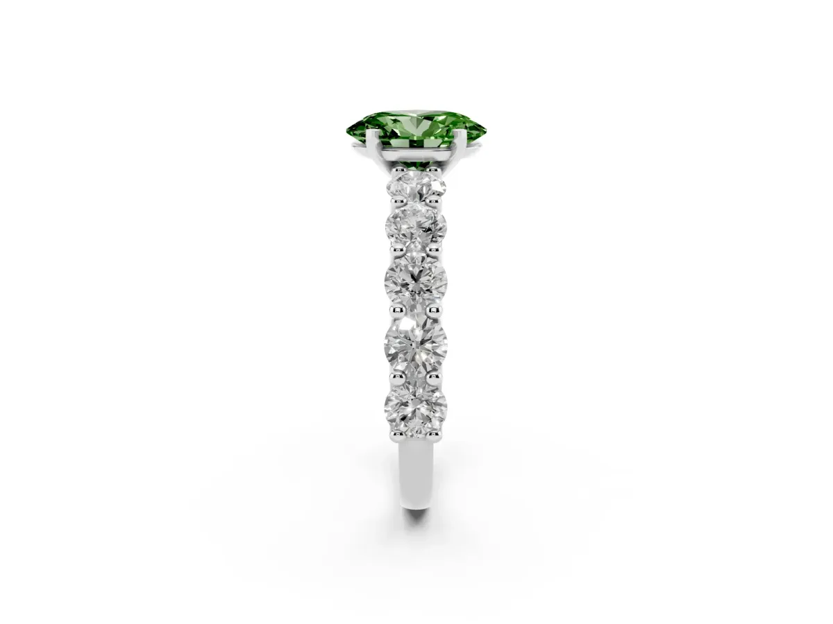 Fancy Green Oval Cut Diamond Prong Setting with Side Stones on a Pave Band Silver