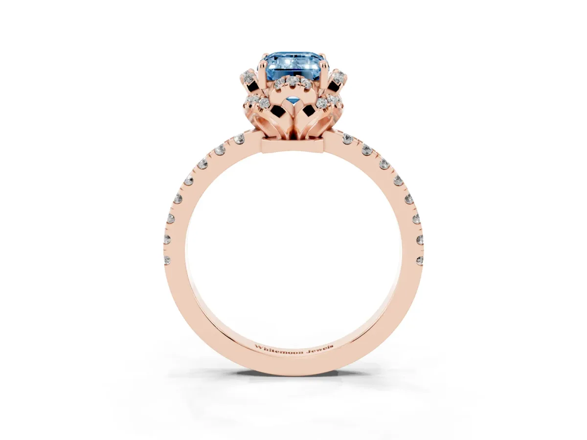 Fancy Blue Emerald Cut Halo Diamond Pave Band Ring with Four-Prong Setting Rose gold