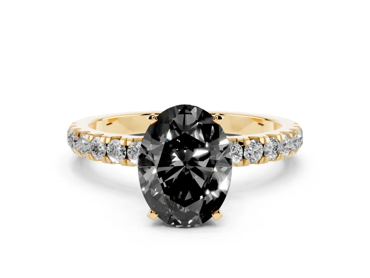 Fancy Black Oval Cut Diamond Solitaire Ring with Pavé Accents and Four-Prong Setting Yellow gold