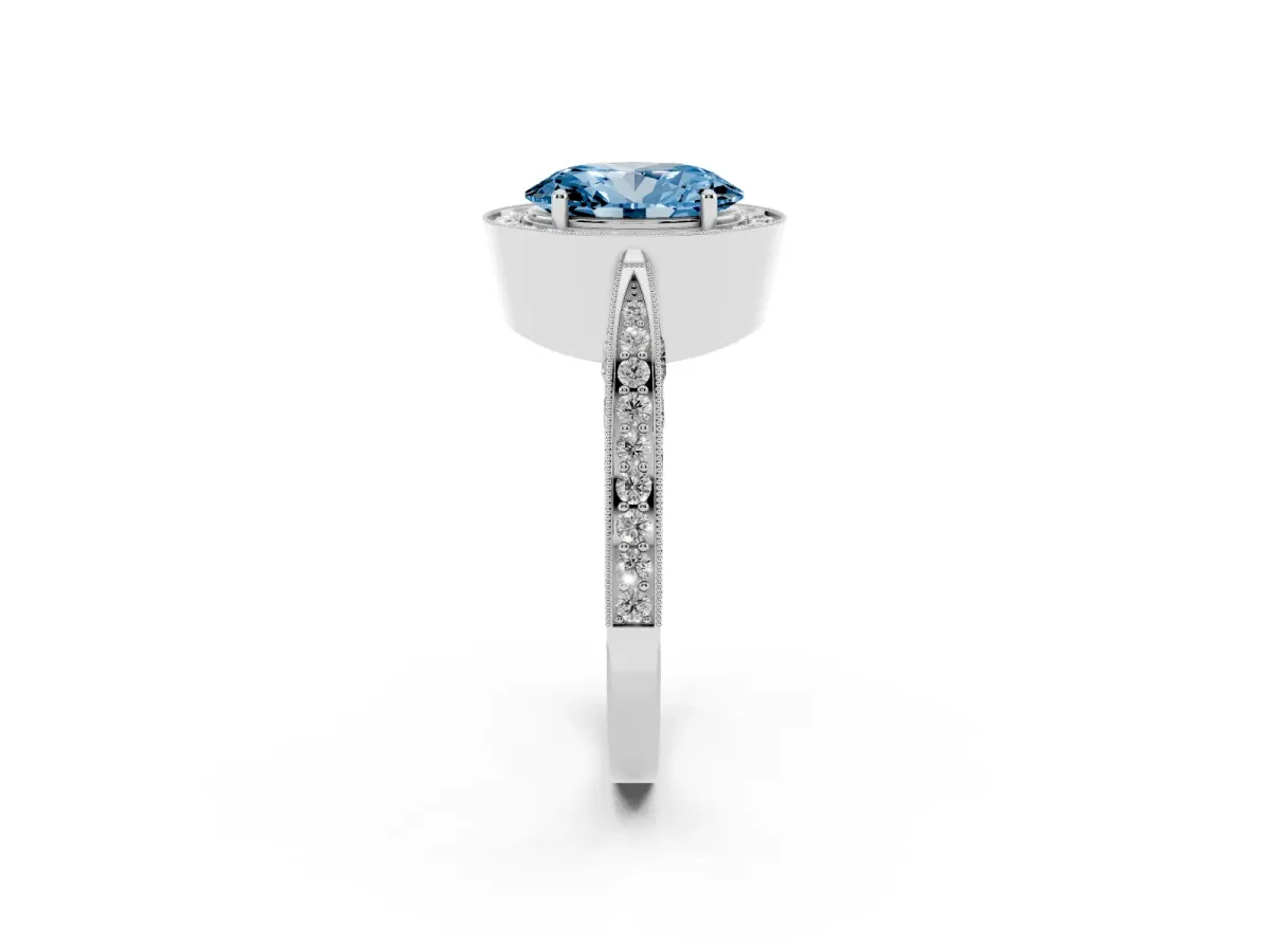 Fancy Blue Oval Cut Halo Diamond Engagement Ring with Split Shank Band and Four-Prong Setting Silver