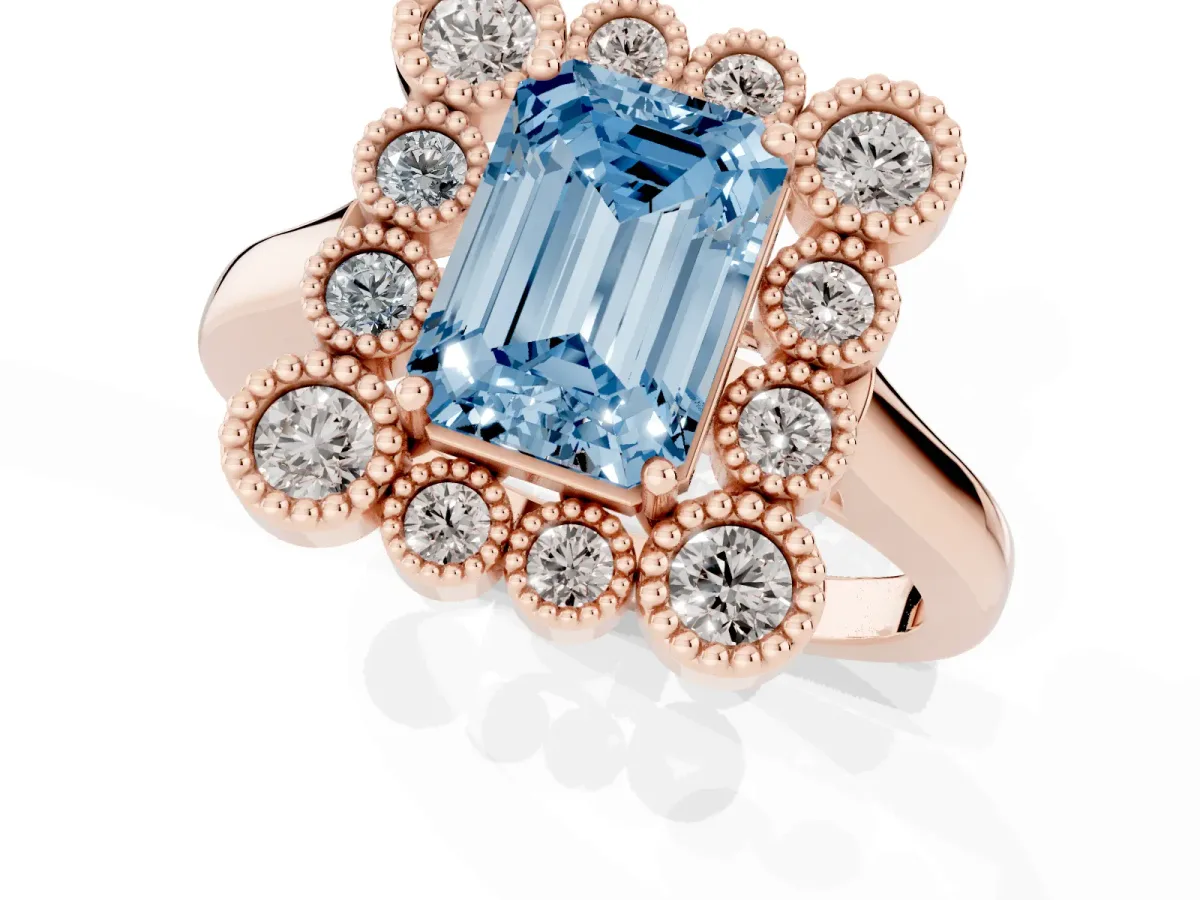 Fancy Blue Emerald Cut Halo Diamond Cluster Engagement Ring with Milgrain Bezel Setting and Solitaire Band Rose gold