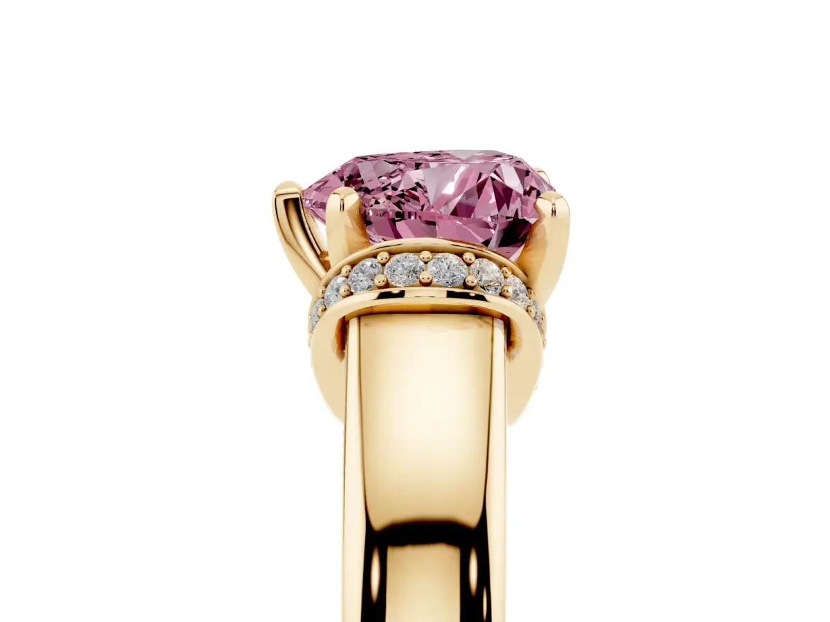 Fancy Pink Heart Cut Solitaire Diamond Ring with Pave Band and Six-Prong Setting Yellow gold