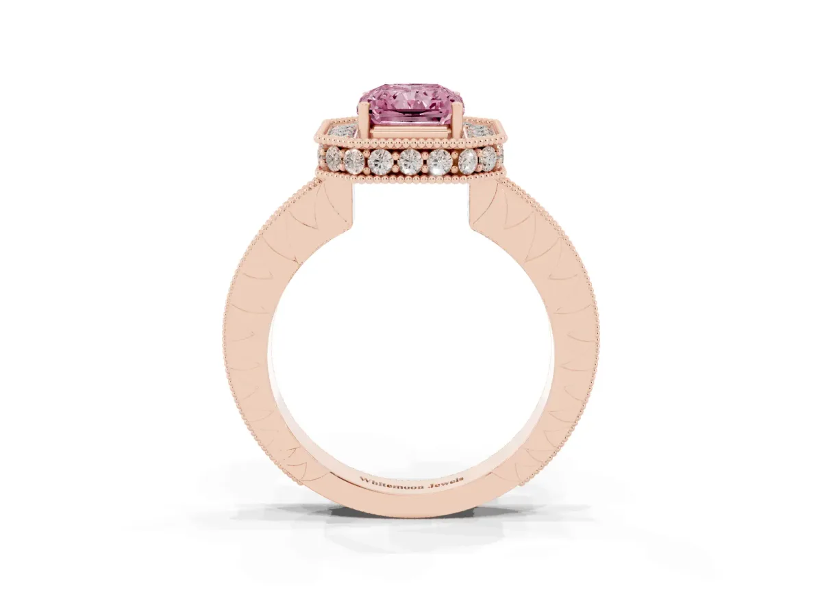 Fancy Pink Radiant Cut Diamond Milgrain Halo Engagement Ring with Round Pavé Band and Prong Setting Rose gold