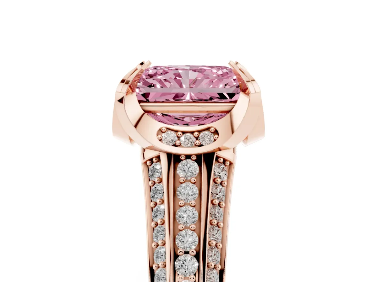 Fancy Pink Radiant Cut Solitaire Pave Split Shank Ring with Four-Prong Setting Rose gold