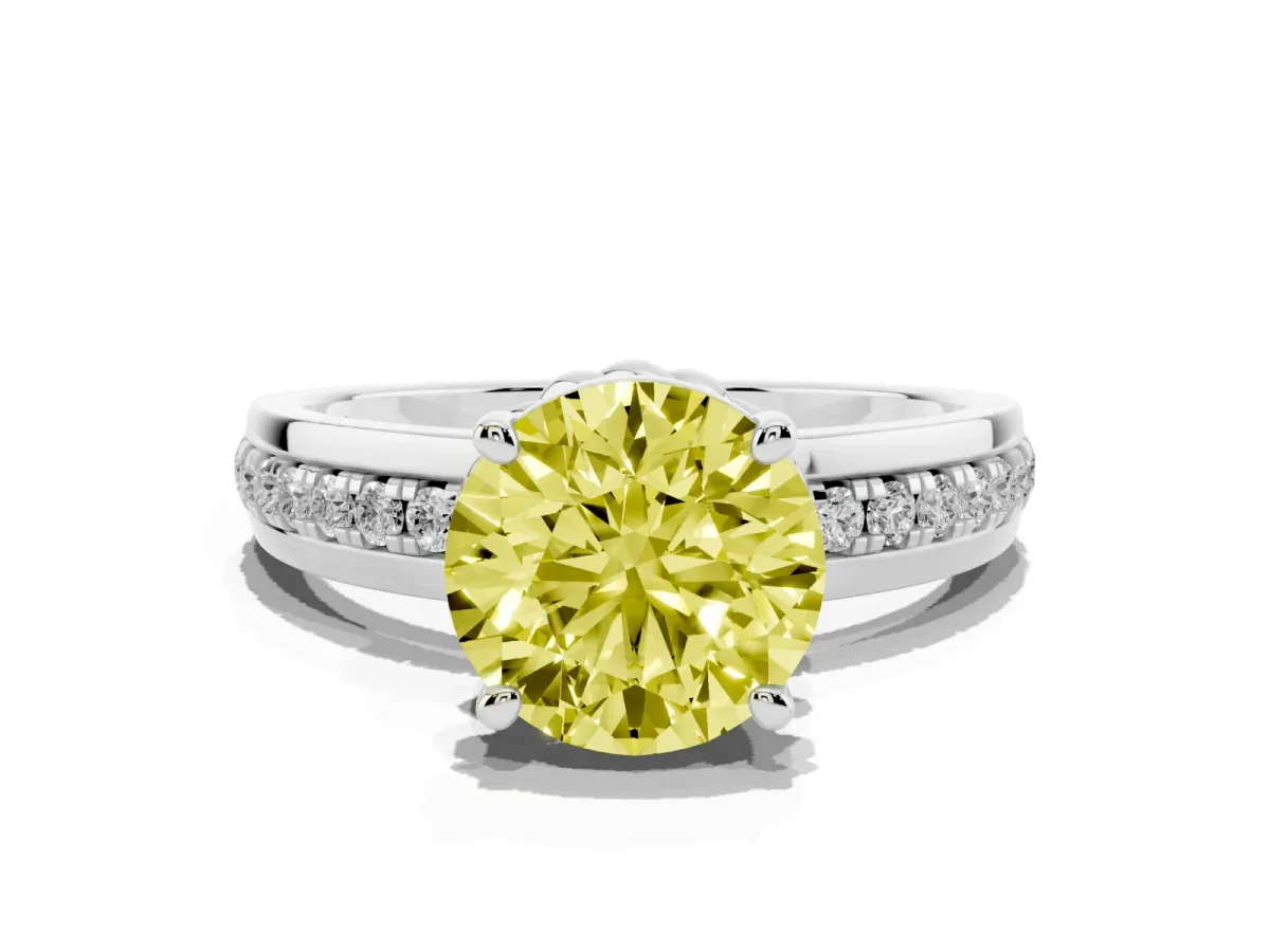 Fancy Yellow Round Cut Solitaire Diamond Ring with Channel Set Band and Six-Prong Setting Silver