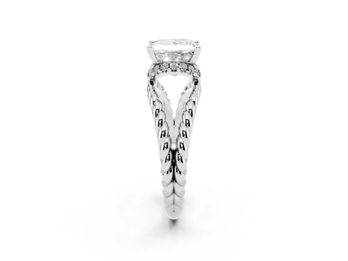 Princess Cut Halo Twisted Band Four-Prong Ring Silver