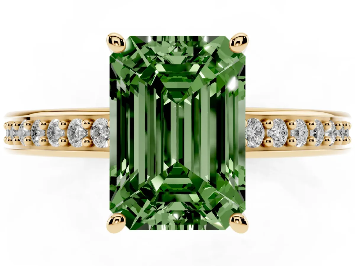 Fancy Green Emerald Cut Solitaire Pavé Band Prong Setting Ring Yellow gold
