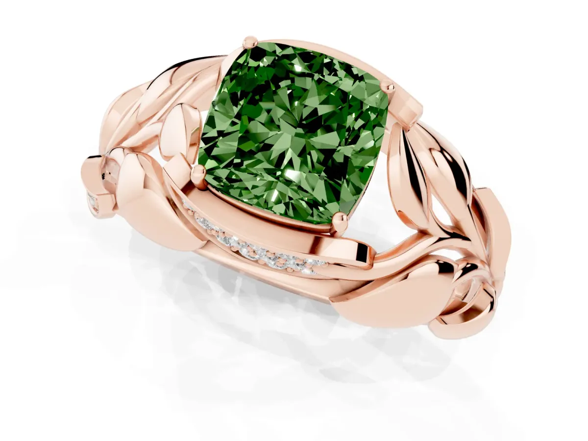 Fancy Green Cushion Cut Diamond Leaf-Inspired Engagement Ring with Round Accents and Prong Setting Rose gold