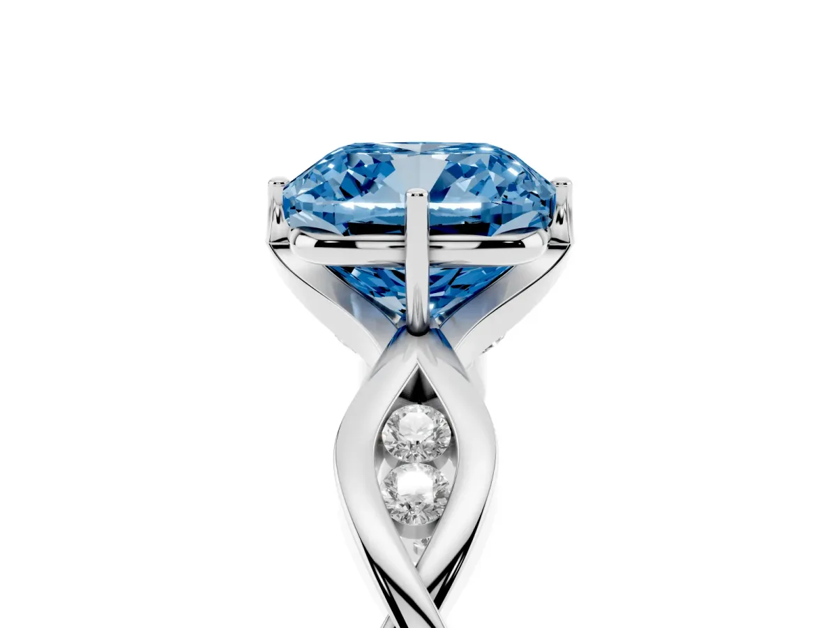 Fancy Blue Cushion Cut Solitaire Twist Band with Leaf Prong Setting Silver