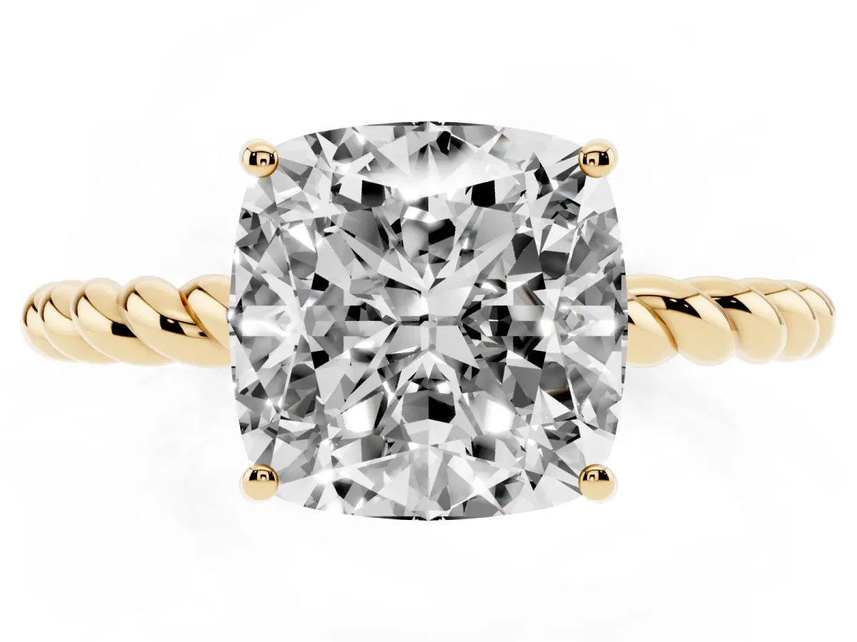 Cushion Cut Solitaire Twisted Band 4-Prong Ring Yellow gold