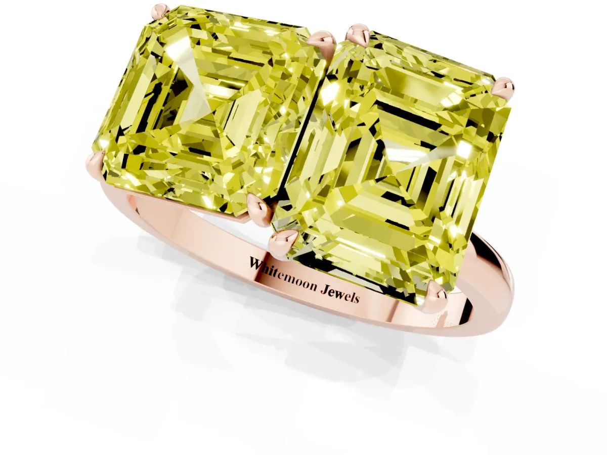 Fancy Yellow Asscher Cut and Emerald Cut Toi Moi Ring with Prong Setting Rose gold