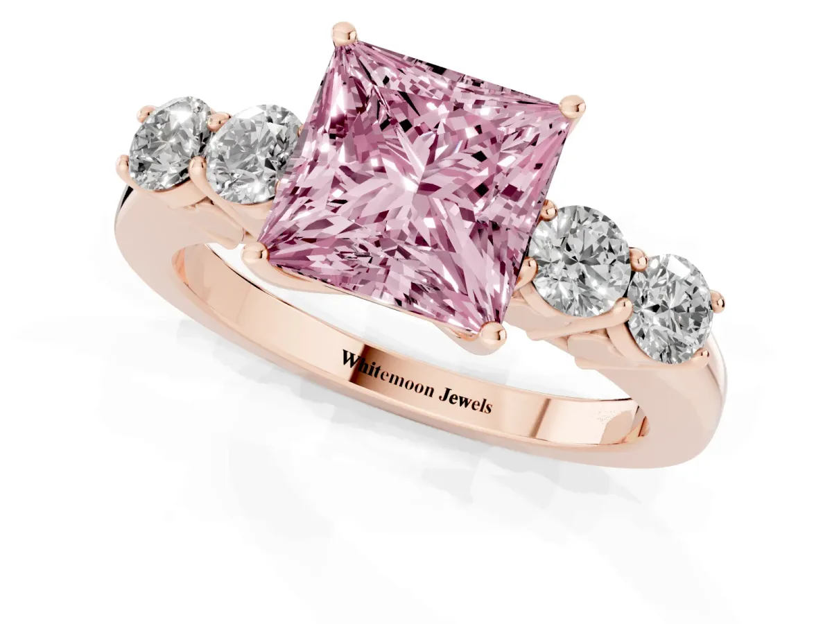 Fancy Pink Princess Cut Cut Diamond Five-Stone Prong Set White Gold Ring Rose gold
