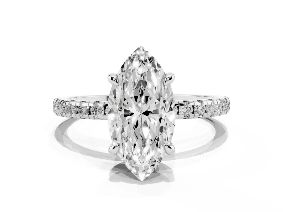 Marquise Cut Diamond Brilliant Solitaire Ring with Pavé Band and Four-Prong Setting Silver