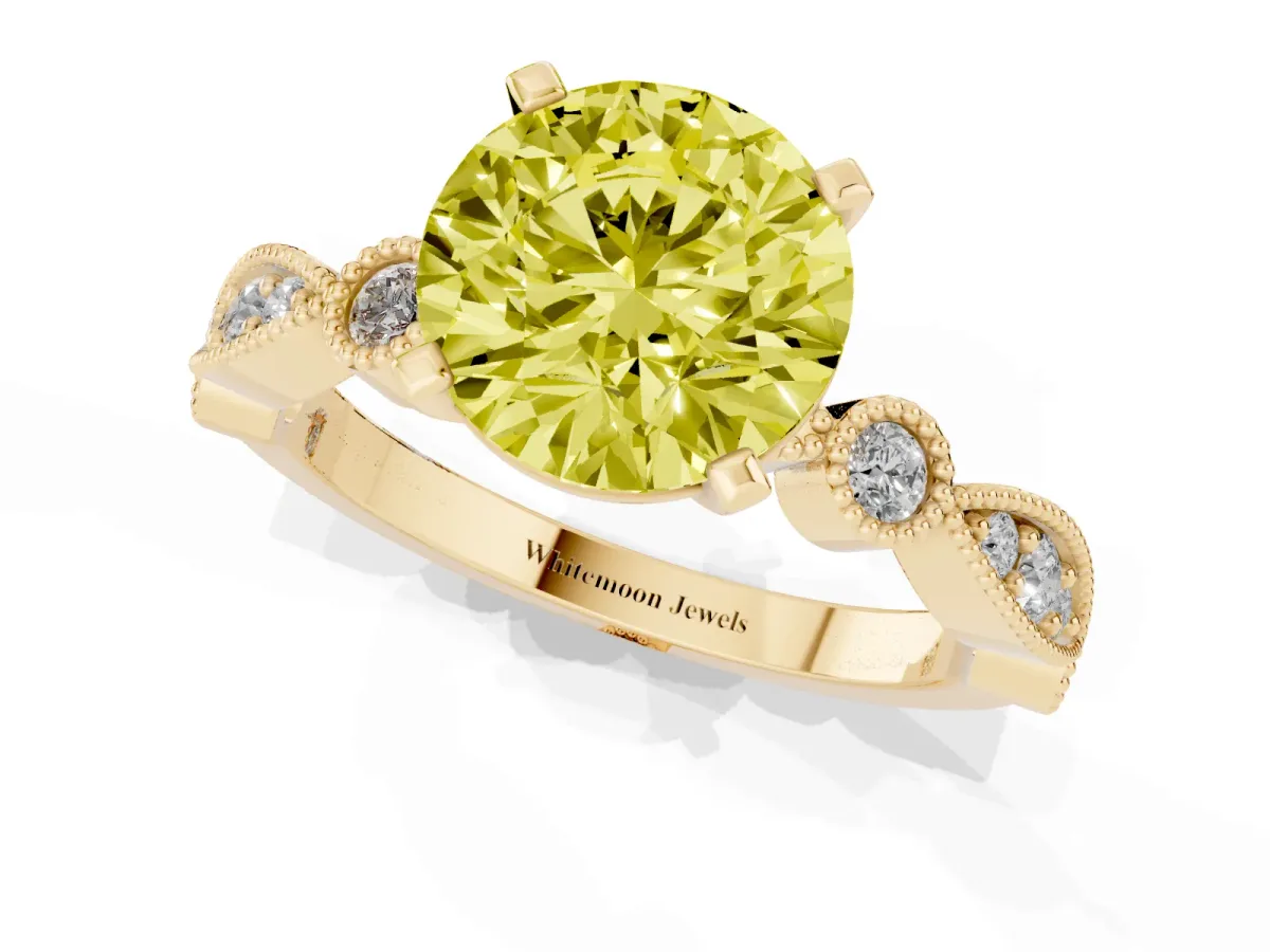 Fancy Yellow Round Cut Milgrain Bezel Diamond Engagement Ring with Solitaire Prong Setting Yellow gold
