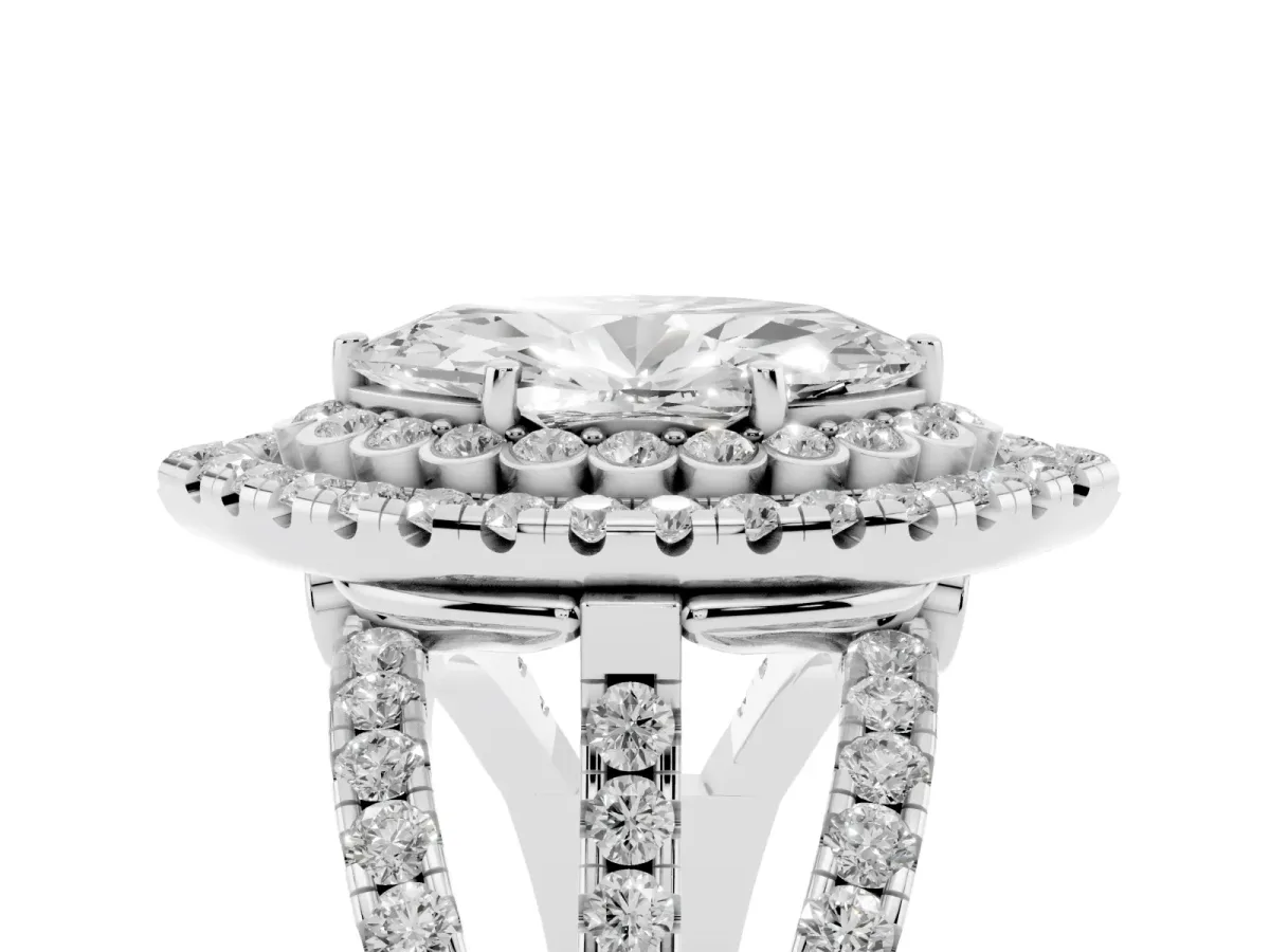 Marquise Cut Diamond Double Halo Ring with Round Pavé Split Shank and Prong Setting Silver