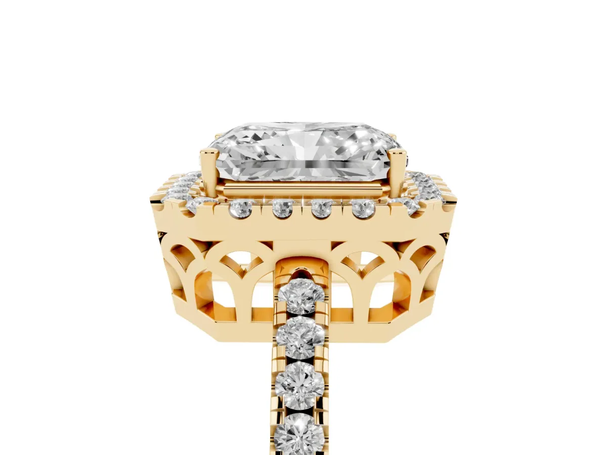 Radiant Cut Halo Diamond Engagement Ring with Pavé Band and Four-Prong Setting Yellow gold
